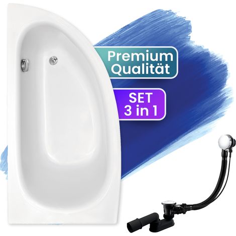 Badewanne Eckbadewanne 150x70 Links, Ablaufgarnitur & Füßen GRATIS - Komplettset 3in1 Original Acryl Wanne Premium Siphon - BADLAND MILENA (1/5)