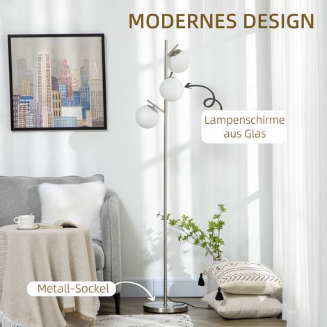 Lampadaire tripode avec 3 luminaires en verre, douille standard E27, interrupteur au pied, finition argent et blanc