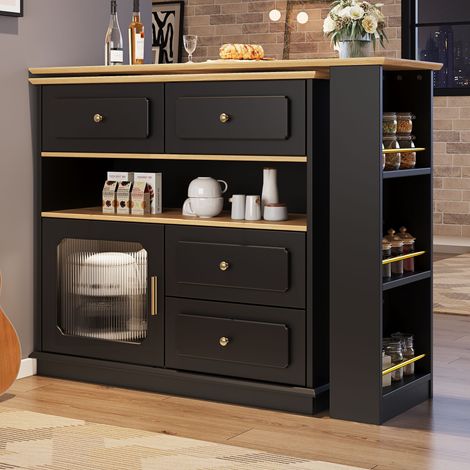 Table de bar rotative à 360 ° avec 4 tiroirs et portes verre - bar de cuisine noir MDF - 125x39x101,5cm (1/5)