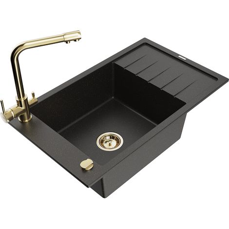 Mexen Elias lavello in granito 1-vasca con sgocciolatoio e rubinetto da cucina Duero, nero/oro metallizzato - 6511-75-671600-50 (1/5)