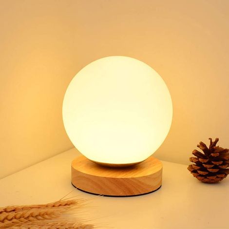 Lampe de table en bois, lampe de chevet décorative E27, lampe de bureau ronde en verre, idéale pour la chambre, la table de chevet ou la chambre d'enfant. (1/5)