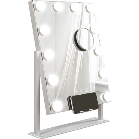 Miroir Hollywood avec éclairage, 12 LED, 37 x 46 cm, 3 couleurs de lumière, grossissement x10, rotation à 360°, port de chargement USB, blanc