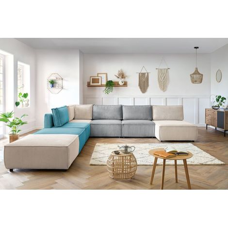 Bobochic – Canapé panoramique modulable 5 places – Tissu velours côtelé – 3 chauffeuses, 1 angle, 1 méridienne, 2 poufs – Style vintage (1/5)