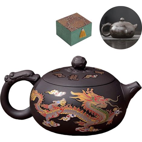 Théière Changement de Couleur Yixing Zisha Chinoise Argile Traditionnel kung fu théière 450ml en terre cuite avec emballage cadeau, dragon et phénix, pour amateurs de thé (1/5)