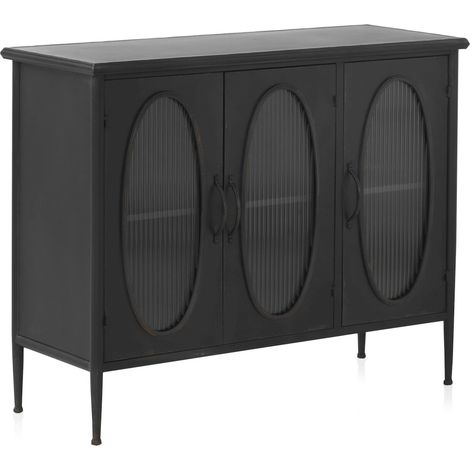 Buffet métal noir portes ovales verre ondulé esprit industriel - noir vieilli verre ondulé semi opaque (1/5)