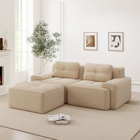 Canapé modulaire sans structure en velours côtelé beige, sofa cloud en l avec ottoman, 2 places (1/5)