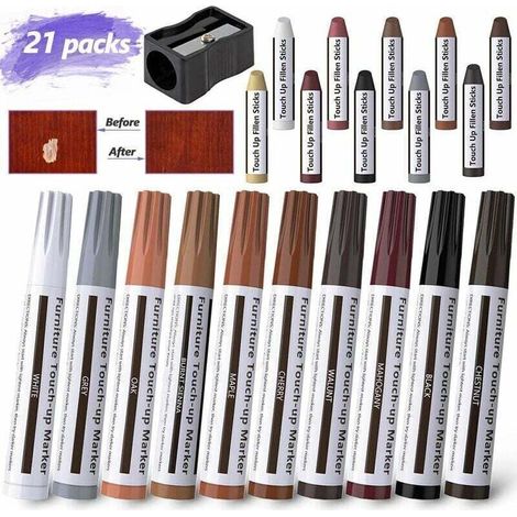 Kit de réparation de meubles 21 pièces – 10 marqueurs et 10 bâtons de cire – Palette de 10 couleurs pour bois – Résultats immédiats (1/5)