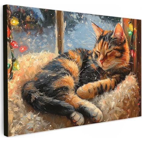 TABLEAU SUR TOILE Chat - Noël - Hiver - Animal Tableau Cuisine Décoration murale 90x60 cm