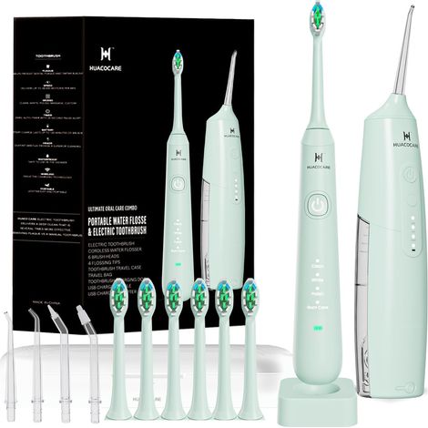 Kit de nettoyage buccal 2-1 - Hydropulseur dentaire et brosse à dents électrique - Brosse à dents et fil dentaire - Pour le nettoyage des dents et la santé des gencives (vert clair) (1/5)