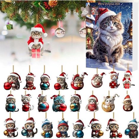 Pendentif Chat Sapin de Noël - Calendrier de l'Avent 2024 - Décoration de sapin de Noël en acrylique - Calendrier de l'Avent 24 jours pour les amoureux des chats (boîte surprise) (1/5)