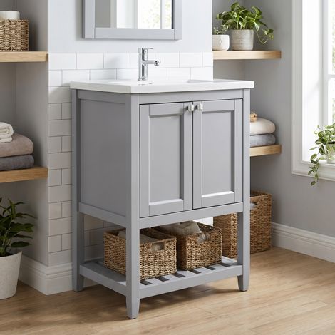 URBAN MEUBLE Meuble de Salle de Bain 60cm avec Vasque Céramique, Gris Clair (robinet non inclus) (1/5)