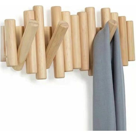 Handgefertigte, massive Wandgarderobe aus Holz mit 5 modernen und einzigartigen Haken in verschiedenen Farben. Groß (1/4)