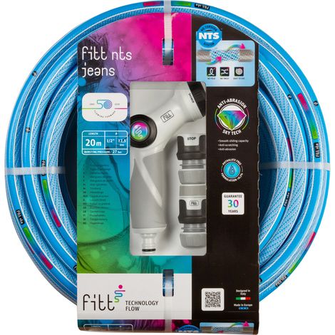 FITT NTS JEANS 1/2" (12,5mm) 20 m Kit - Robuster und Flexibler Gartenschlauch für eine Intensive Nutzung, mit Multijet-Gießpistole und Kupplungen