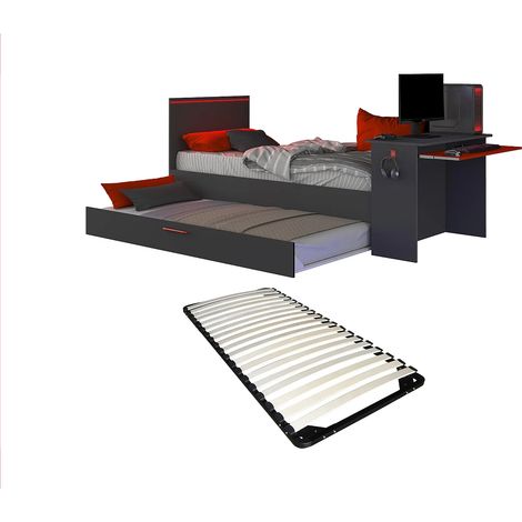 Vente-Unique – Lit gigogne gamer 90 x 200 cm – Avec bureau et LEDs rouges – Panneau de particule anthracite – Charge max 100 kg – Éco-responsable (1/5)