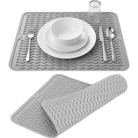 Tapis de Séchage Vaisselle en Silicone, 30x40 cmTapis Egouttoir Vaisselles, Tapis d'égouttage Vaisselle Antidérapant, Tapis de Drainage de Cuisine, Organisateur d'évier en Silicone(Gris) (1/5)