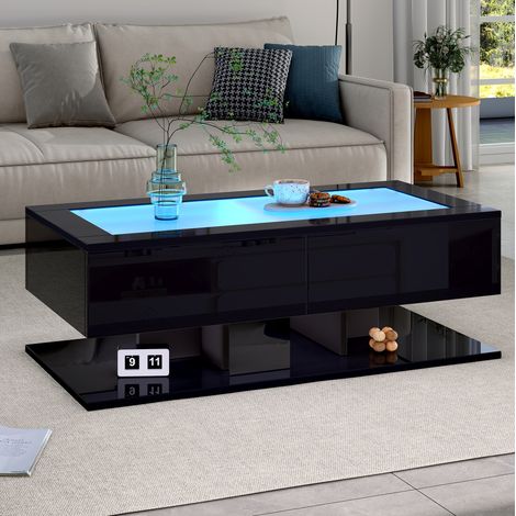 Tavolino da caffè 100 x 50 x 35 cm con 2 cassetti, piano in vetro temperato, LED USB, nero DESVIAE (1/5)
