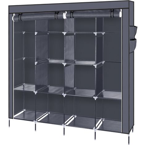 67 Zoll tragbarer Kleiderschrank, Aufbewahrungs-Organizer, Kleiderständer mit 12 Regalen, 4 Seitentaschen, Grau (1/5)