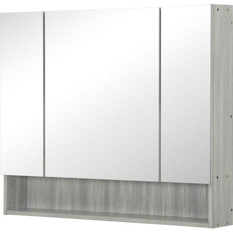 Armoire murale salle de bain avec miroir, armoire de toilette 3 portes miroir, étagères réglables, 90x15x75cm, gris (1/5)