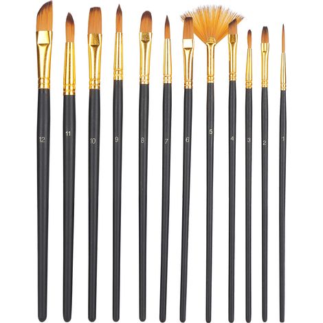 12 pinceaux de peinture professionnels, poils nylon, set d'artiste pour aquarelle, lot de 12 brosses (1/5)
