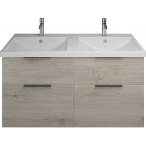 Burgbad Eqio Keramik-Doppelwaschtisch mit Unterschrank 123 cm, mit Mittelsteg und 4 Auszügen, Griffl Eiche Dekor Flanelle/Alpinweiss Schwarz matt (1/4)