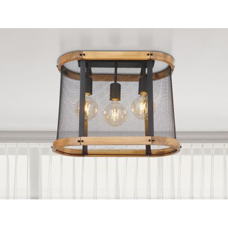 LED Deckenleuchte mit Holz & Gitter Schwarz 3-flammig, Breite 45cm (1/5)