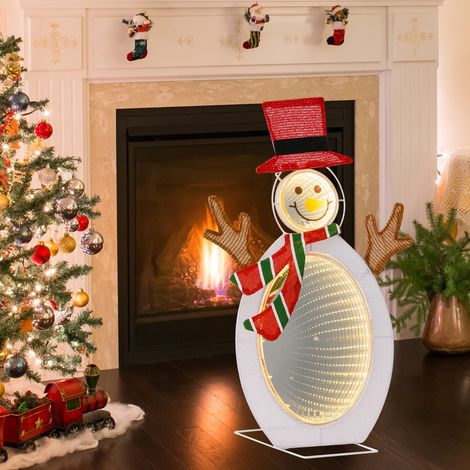 Décoration de Noël 2D Bonhomme de Neige Pré-éclairé de 75 Perles de Lumière LED 2 Miroirs Lumineux Infinis Chapeau Haut de Forme Echarpe (1/3)
