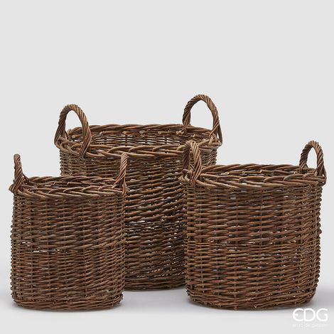 EDG Enzo De Gasperi Set 3 Ceste Willow Rotondo con Doppio Manico Midollino Brown