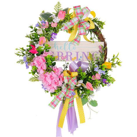 Couronne de printemps en bois avec branches sèches, ornée de rubans et de nœuds colorés, idéale pour décorer les vitrines des centres commerciaux. (1/2)