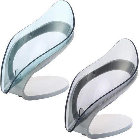 Porte-savon auto-drainant en forme de feuille, lot de 2, bleu et gris, avec ventouse, idéal pour la douche, la salle de bain et l'évier de cuisine (1/5)