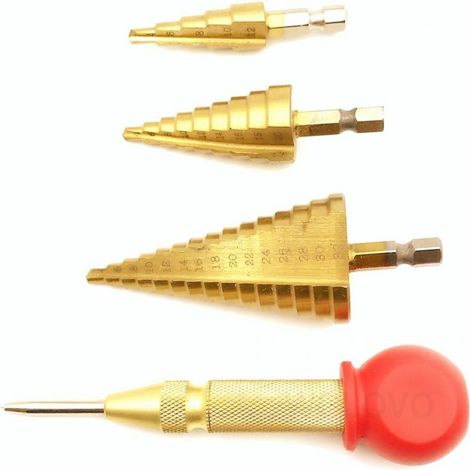 Jeu de 3 forets étagés hexagonaux en acier rapide (diamètres 4-12 mm, 4-20 mm et 4-32 mm), forets coniques revêtus de titane avec poinçon auto-centreur (1/5)