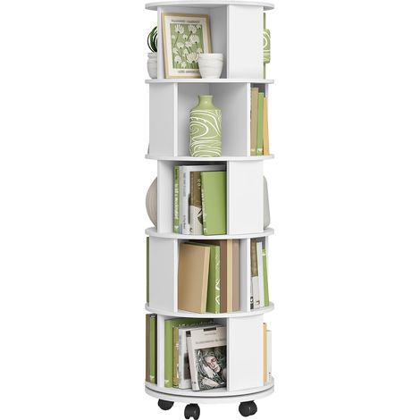Bibliothèque rotative 5 niveaux – Étagère moderne avec roulettes fixes – Rangement compact blanc pour salon et bureau – Panneaux de particules