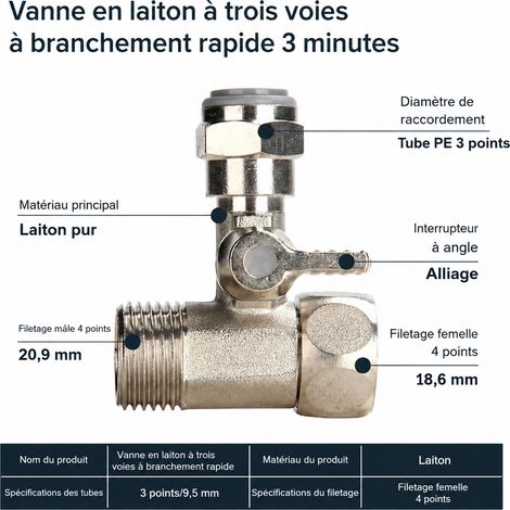Vanne trois voies monobloc 3/8 pouce raccord rapide en cuivre électroplaqué pour purificateur d'eau 3 réf 4020 2 × 4 × 2 cm 115 g – Livraison gratuite