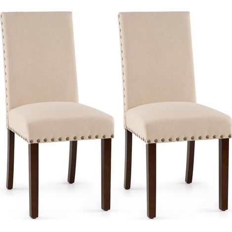COSTWAY Lot de 2 Chaises de Salle à Manger avec Dossier Haut, Chaises de Cuisine Rembourrées Confortables, Pieds en Bois Massif, Patins Réglables, pour Salon, Chambre, Maison, Réunion (Beige) (1/5)