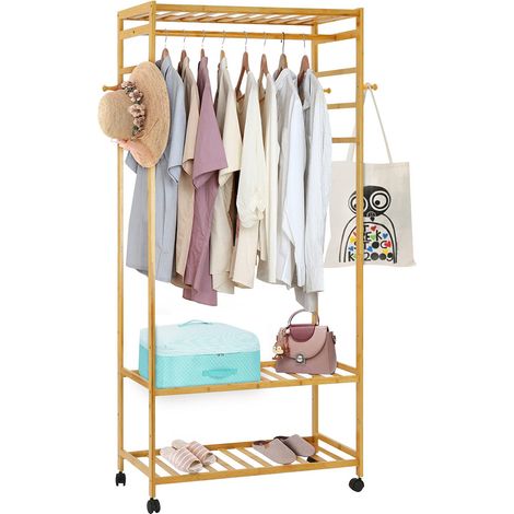Trintion Clothes Rail Bamboo Open Wardrobe Coat Rack Stand Garment Rack with Shelves Clothes Hanging Storage Organiser for Bedroom Hallway Living Room 168 x 41 x 78 cm (1/5)