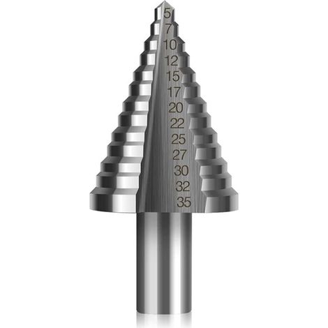 Foret Fraise Meche Etage HSS, Foret Étagé Fraise Conique à Double Fente (5mm-35mm) avec Revêtement Titane, Solide, Parfait Pour Visseuse Percage sur Acier Bois, Plastique, Laiton, Aluminium, PVC (1/5)