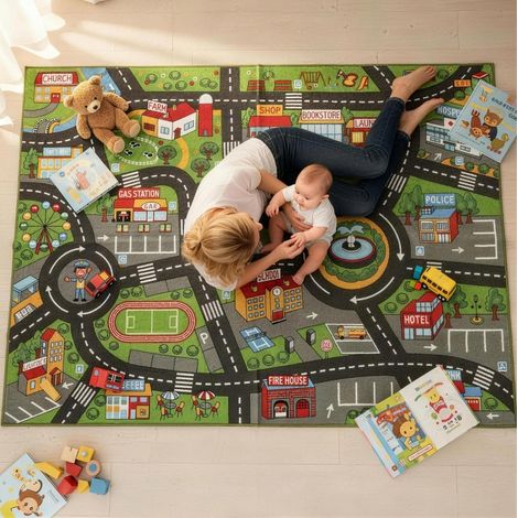 Tappeto gioco bambini 200 x 150 x 0,5 cm antiscivolo, motivo città, poliestere grigio OKMYHOME (1/5)