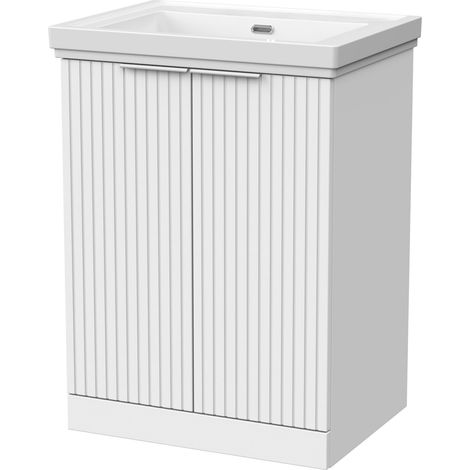Callingwood Contemporary Floor Standing 2 Door Vanity Unit with Traditional 0 Tap Hole Fireclay Basin , 600mm, Matt White (1/4)