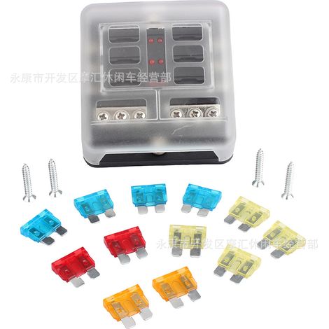 6-way positive and negative anode fuse box for automobiles, RVs, and ships with transparent cover, fuse holder, and LED light fuse pad. (1/5)