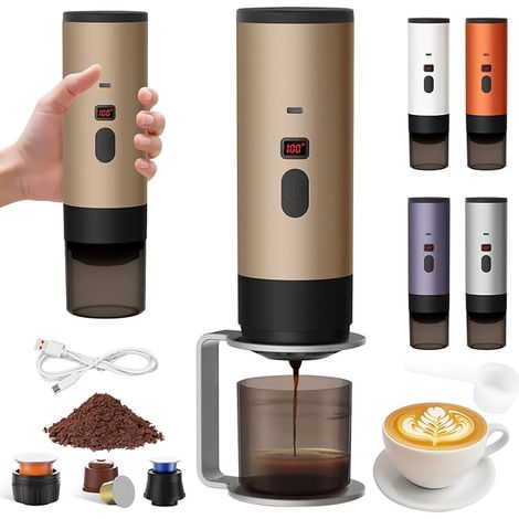 Machine a Cafe Portable avec Support, Nouveau Cafetière Portable 3 en 1,Affichage Intelligent Machine a Cafe,Rechargeable Cafetiere Electrique Compatible avec Cup et Café Moulu (Marron-1) (1/5)