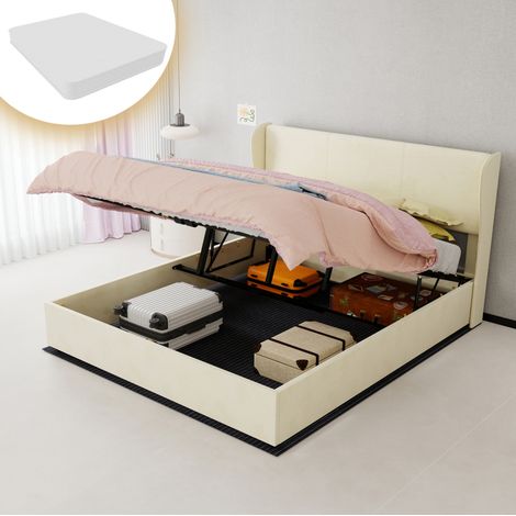 Cama moderna tapizada en tela beige 160x200 cm con cabecero suave, estructura metálica