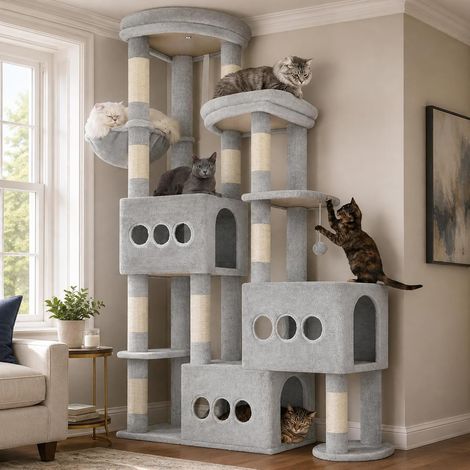 Arbre à Chat 182 cm pour Grands Chats, Tour pour Chats Stable avec 3 Grandes niches, 3 Plateformes, Panier et 10 poteaux à griffer, idéal pour Famille multichats, Gris Clair GCT036W (1/5)