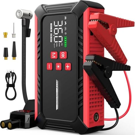 Booster Batterie Voiture 6000A,Demarreur Batterie Voiture,12V Démarreur de Voiture(8.0L Diesel/10.0L Gaz),Jump Starter Portable avec Compresseur Voiture, lumière LED,Pince Intelligente avec Écran (1/4)