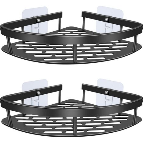 Étagère de douche d'angle, 2 étagères de douche en acier inoxydable sans perçage, étagère de douche d'angle avec 4 crochets pour ranger shampoing et gel douche (noir) (1/5)