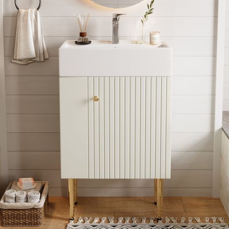 Meuble salle de bain avec vasque et meuble sous vasque 55 cm, blanc, petit meuble lavabo pour WC invités (1/5)