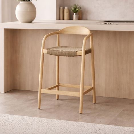 Chaise de bar en bois d'eucalyptus et cordage taupe - EALA