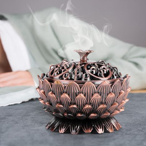 brûleur d'encens vintage en alliage en forme de lotus, outil de décoration pour la maison (1/5)