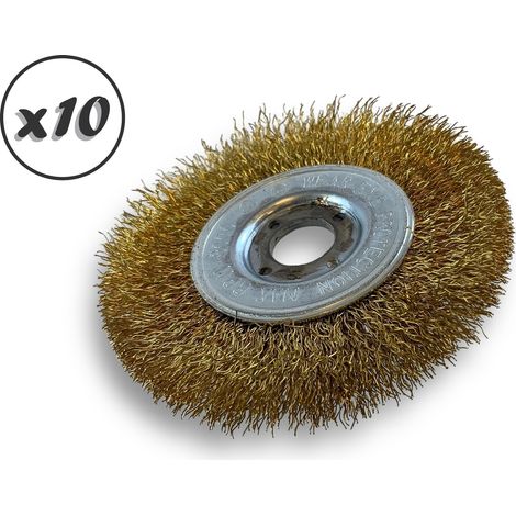 Lot de 10 brosses circulaires LAITON Ø 100 mm Epaisseur 1 rang Fil dur 0.30 mm ondulé Alésage 16 mm Touret meuleuse affûteuse ponceuse Brossage décapage polissage Kibros 214101LTx10