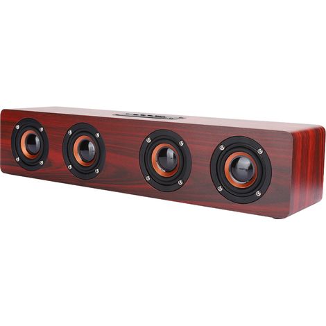 Enceinte Bluetooth sans fil à l'aspect bois rouge avec caisson de basses, lecteur de musique pour PC, téléphone et ordinateur. (1/5)
