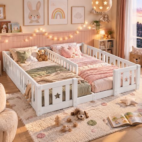 Lit double enfant au Sol 90x200 sans sommier, Lit Montessori avec Barrière, Lit à Barreaux Étoiles et Lunes, Bois Massif de Pin, Jusqu’à 230 kg, Montage Facile, Lit pour deux enfants, blanc