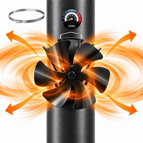 Relaxdays Stove Fan, No Power, Magnetic, 6 Blades, HWD: 21.5x17x11 cm, with Thermometer, Aluminium, Black (1/5)
